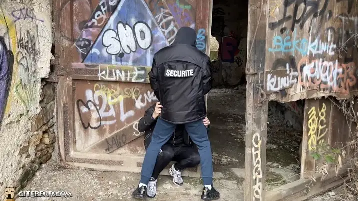 Twink Frenchboy Roughly Dominated by Huge Black Security Guard in Abandoned Spot – 1